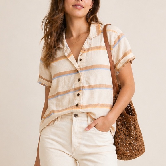 Madewell Tops - Madewell Striped Button Front Shirt | Short Sleeve | Neutral Stripe Top